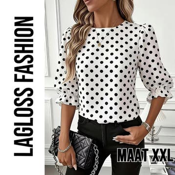 Dames Blouse met Zwarte Polka Dots met Pofmouwen – Maat XXL, Kleding | Dames, Blouses en Tunieken, LaGloss, Verzenden, Nieuw, Wit