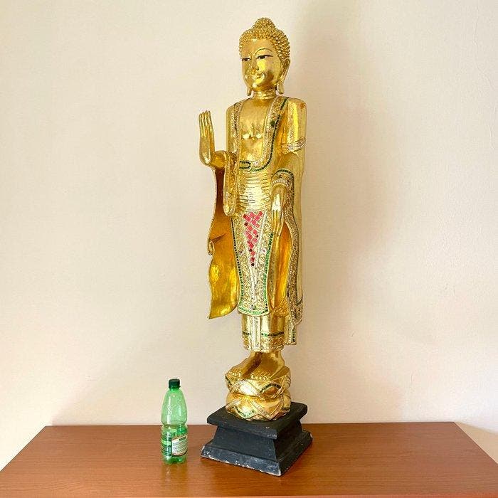 Beeld, 110 cm - Fine Thai standing gilded wooden Buddha, Antiek en Kunst, Kunst | Designobjecten