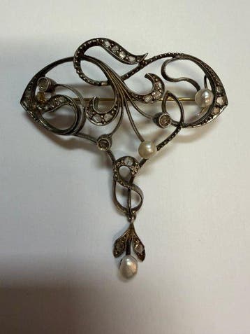 Broche - 18 karaat Zilver, Geel goud - Diamant