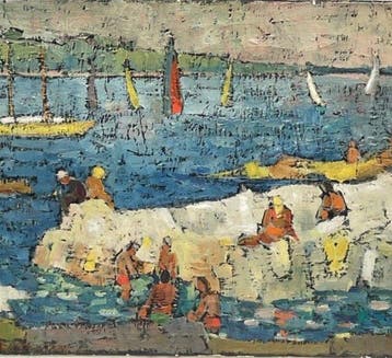 Simon Stockli (1905-1965) - Plage Animée baigneurs - Ile
