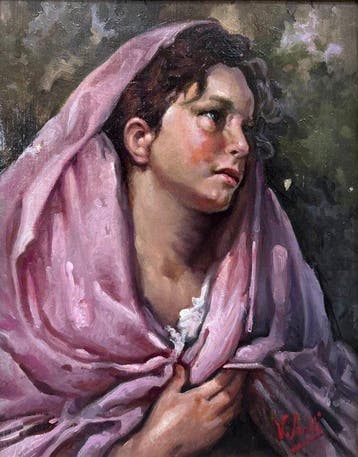 Scuola napoletana (XX) - Giovane donna con velo rosa, Antiek en Kunst