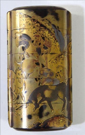 Paarden in een landschap - Lak, goud, zilver - Japan - Late