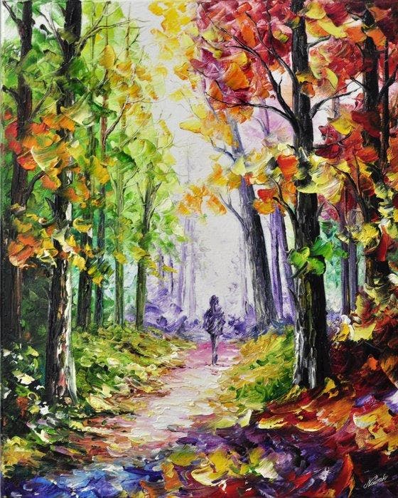 Olga Nowak (1956) - Forest walk, Antiek en Kunst, Kunst | Schilderijen | Klassiek