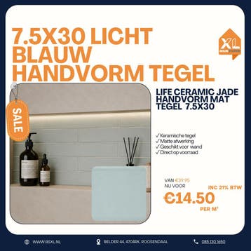 7.5x30 LICHT BLAUW HANDVORM TEGEL - VOORRAAD = ACTIE TEGEL, Nieuw, Ophalen of Verzenden, Minder dan 20 cm, 10 m² of meer