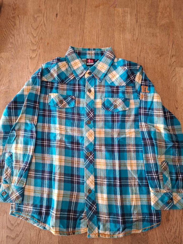 Øiboi flanellen overhemd turquoise geblokt, Kinderen en Baby's, Kinderkleding | Maat 122, Jongen, Zo goed als nieuw, Overhemd of Blouse