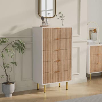 Ladekast met 5 Laden - Witte Commode met Naturel Houtstructu, Verzenden, Nieuw