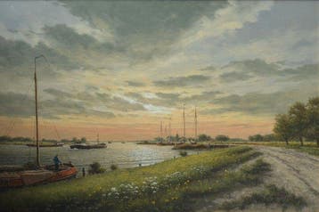 H.J. Wijngaard (1922-2012) - Een rivierenlandschap met, Antiek en Kunst, Kunst | Schilderijen | Klassiek