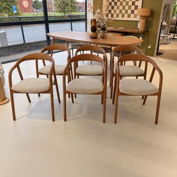 Eetstoel Rayven - hout en stof grijs - Set van 6 - Eleonora, Huis en Inrichting, Ophalen of Verzenden, Nieuw, Scandinavisch, Vijf, Zes of meer stoelen
