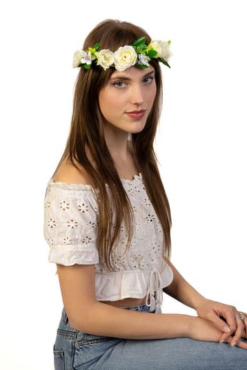 KIMU® Glitter Bloemenkrans Haar Rozenkrans Wit Witte Bloemen, Kleding | Dames, Ophalen of Verzenden, Nieuw, Carnaval, Accessoires