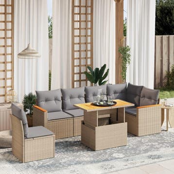vidaXL 7-delige Loungeset met kussens poly rattan beige, Tuin en Terras, Verzenden, Nieuw, Loungeset
