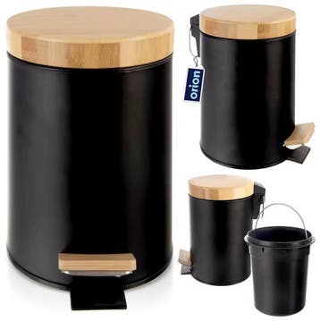 3L Metalen Pedaal Prullenbak met Bamboe - Nieuw Zwart /Groen, Huis en Inrichting, Woonaccessoires | Prullenbakken, Verzenden, Nieuw