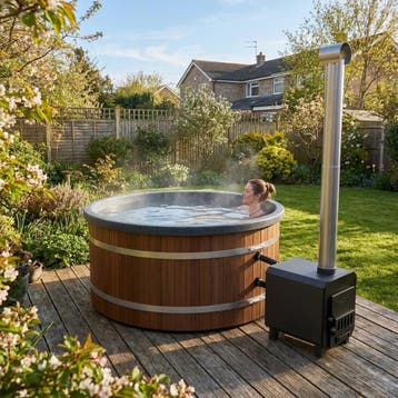 Houtgestookte hottub Thermowood met externe kachel, Ophalen of Verzenden, Nieuw, Pomp, Vast