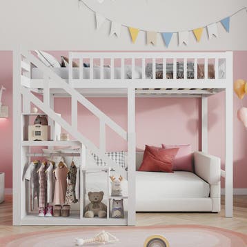 Wit Kinder Hoogslaper met Trap en Opbergkast - 90x200cm - Mu, Huis en Inrichting, Slaapkamer | Bedden, Verzenden, Nieuw