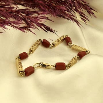Vintage gouden armband met bloedkoraal (Schakelarmband), Gebruikt, Ophalen of Verzenden, Met edelsteen, Goud