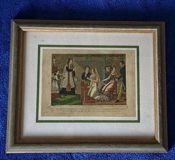 Collectie van memorabilia - Lithografie met houten lijst,, Antiek en Kunst