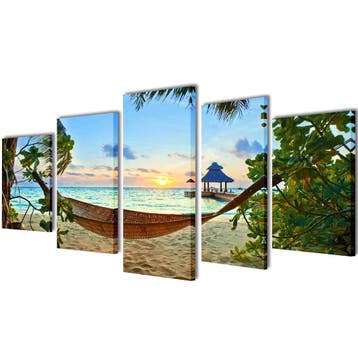 vidaXL Canvas muurdruk set zandstrand met hangmat 100 x 50, Verzenden, Nieuw