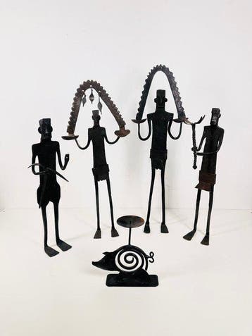 Kandelaar Handgesmede ijzeren figuurlijke kandelaargroep,, Antiek en Kunst