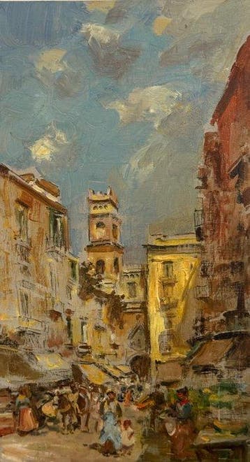 Scuola napoletana (XIX-XX) - Mercato a Napoli, Antiek en Kunst