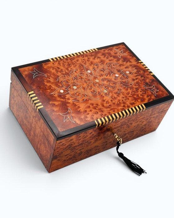 Sieradendoos - Hout (thuja), Hout, Parelmoer, Marquetterie,, Antiek en Kunst, Curiosa en Brocante