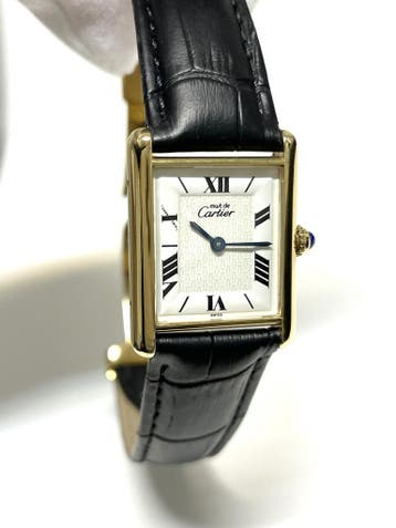 Cartier Tank Large Model White Roman Dial Deployante Ref1615, Leer, Polshorloge, Zo goed als nieuw, Goud
