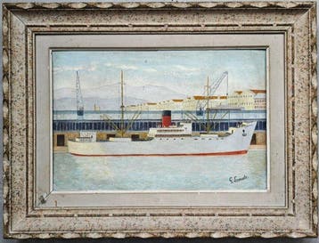 École française (c.1920) - Bateau de commerce à quai, Antiek en Kunst, Kunst | Schilderijen | Klassiek