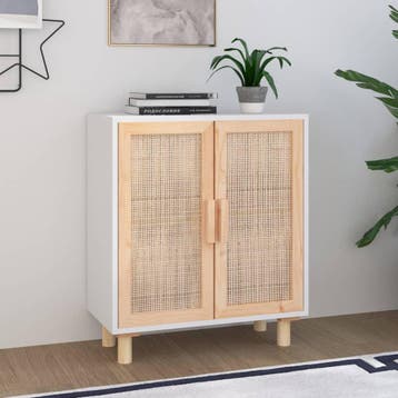 vidaXL Dressoir 60x30x70 cm massief grenenhout en rattan wit, Verzenden, Nieuw, 50 tot 100 cm, Grenenhout