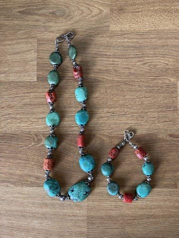 Turquoise - Zilver - 2-delige sieradenset - Bali granuleerd