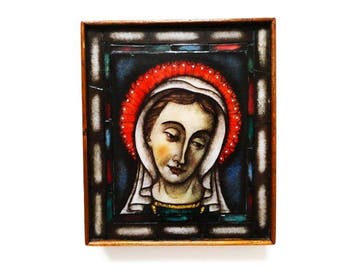 Icoon - Heilige Maagd Maria - Opaline glas, Gebrandschilderd