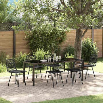 vidaXL Tuin eettafelset 7 pcs Zwart Gepoedercoat staal, Verzenden, Nieuw, Rotan, 7 zitplaatsen