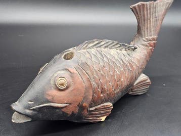 Antique Japanese Wooden Hearth Hook Yokogi (Fish/Koi