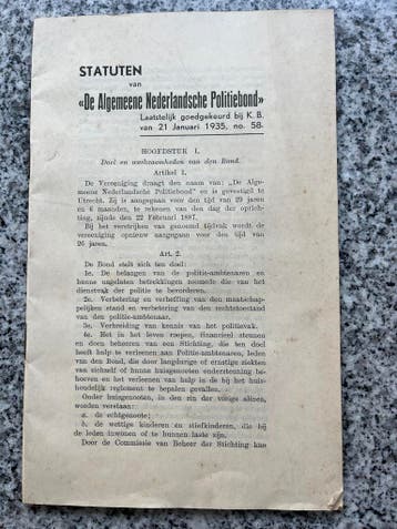 Statuten van de ‘Algemeene Nederlandsche Politiebond’, 1935, Boeken, Oorlog en Militair, Gelezen, Verzenden, Voor 1940, Overige onderwerpen