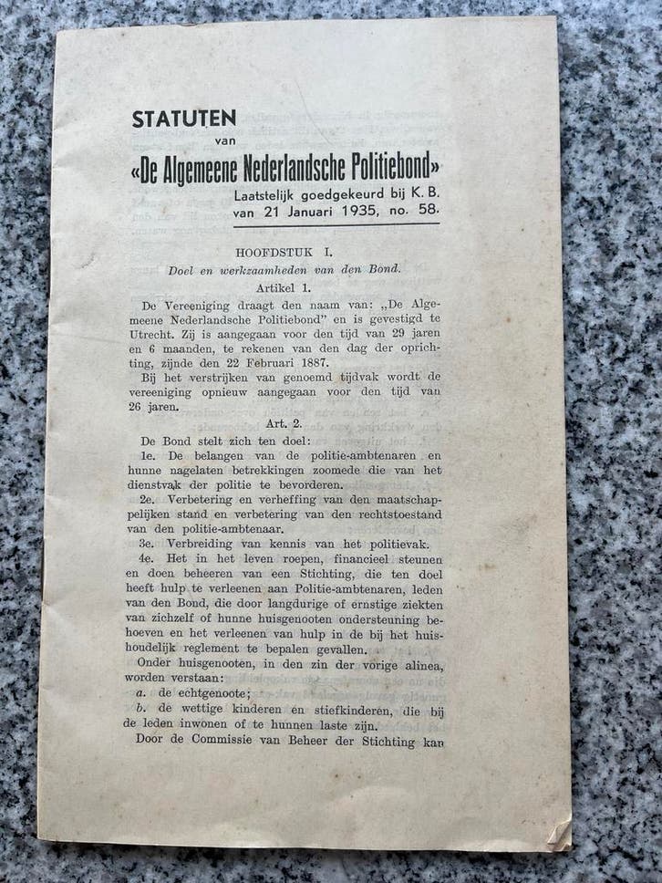 Statuten van de ‘Algemeene Nederlandsche Politiebond’, 1935, Boeken, Oorlog en Militair, Gelezen, Voor 1940, Overige onderwerpen