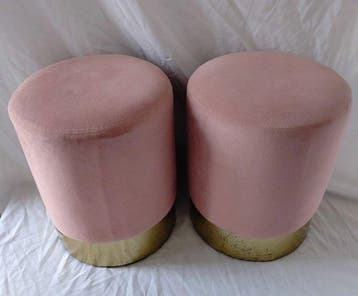 Poef (2) - 2 vintage poefs - Hout - Fluweel - Goudkleurig, Nieuw
