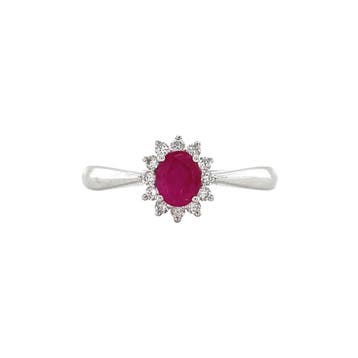 Witgouden entourage ring met robijn en diamant 14 krt, Verzenden, Zo goed als nieuw, Goud
