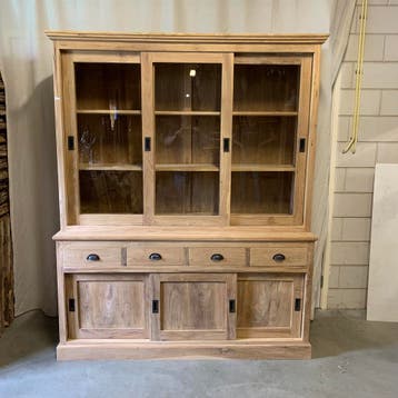 Buffetkast /Vitrinekast - schuifdeuren -teakhout - TTM Wonen, 200 cm of meer, Glas, Nieuw, Landelijk