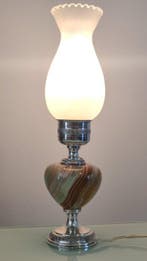 Tafellamp - Opaline glas - Zilveren lamp en onyx