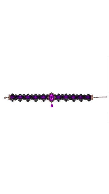 KIMU® Choker Zwart Kant Paarse Steen Kanten Zwarte Collar Ke, Kunststof, Verstelbaar, Zwart, Nieuw