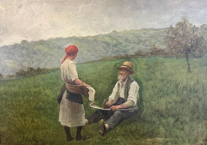 Giuseppe Cavalla (1859–1935) - Scena campestre, Antiek en Kunst, Kunst | Schilderijen | Klassiek