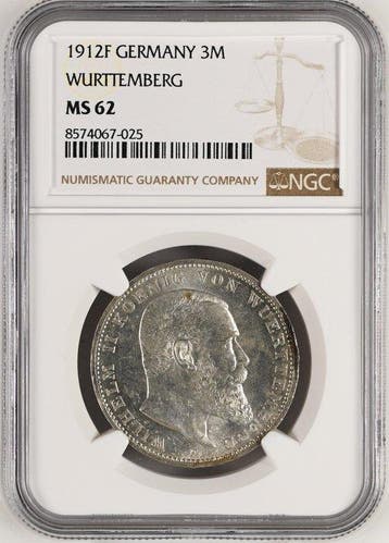 Duitsland, Württemberg Wilhelm II. 3 Mark 1912 - NGC MS62