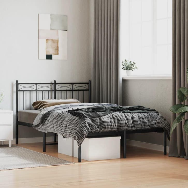 vidaXL Bedframe met hoofdbord metaal zwart 120x200 cm, Huis en Inrichting, Slaapkamer | Bedden, 120 cm, 200 cm, Zwart, Twijfelaar