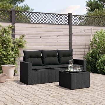 vidaXL 4-delige Loungeset met kussens poly rattan zwart, Verzenden, Nieuw, Loungeset