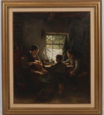 Johannes Weiland (1856-1909) - Interieur met moeder die