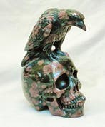 Raafsculptuur op een menselijke schedel, met de hand uit