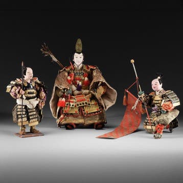 Samurai-poppen  (musha ningyô) - Brokaat, gofun, zijde,