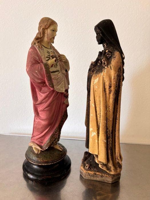 Set antieke polychrome religieuze beelden - Heilig Hart van, Antiek en Kunst, Antiek | Speelgoed