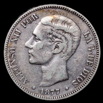 Spanje. Alfonso XII. 5 Pesetas 1877 - Madrid DEM (Zonder