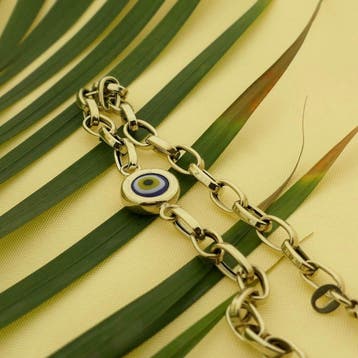 Gouden ankerschakel armband met Nazar oog (Schakelarmband), Gebruikt, Ophalen of Verzenden, Met edelsteen, Goud