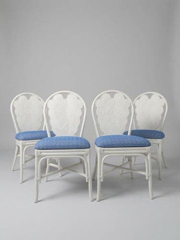 Stoel - Rattan, Textiel, Hout - Set van vier vintage, Antiek en Kunst, Curiosa en Brocante