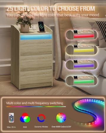 Set van 2 Eiken Nachtkastjes met Laadstation, LED Verlichtin, Verzenden, Nieuw