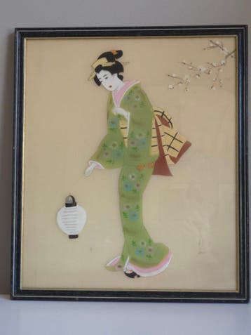 Handgemaakt Vintage Japanse Oshie Wanddecoratie – Jaren 50, Portret of Personen, Ingelijst, Ophalen of Verzenden, Vintage